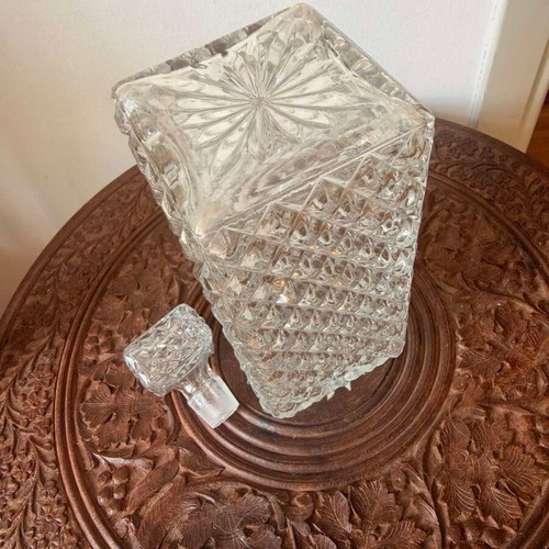 Vintage crystal decanter with stopper, mid-century geometric design