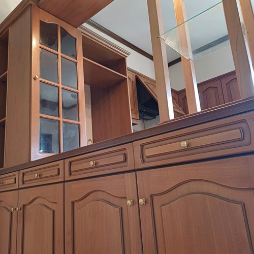 Wooden walnut display cabinet unit with lighting and storage spaces