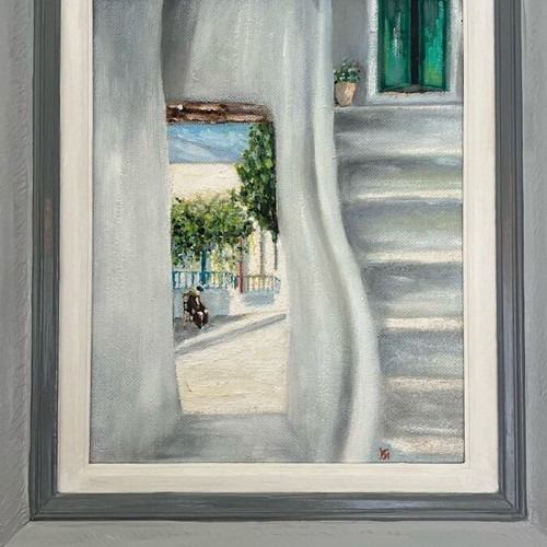 Oil painting used, Greek village scene by K.K. Konstantinou Kevga, 1980