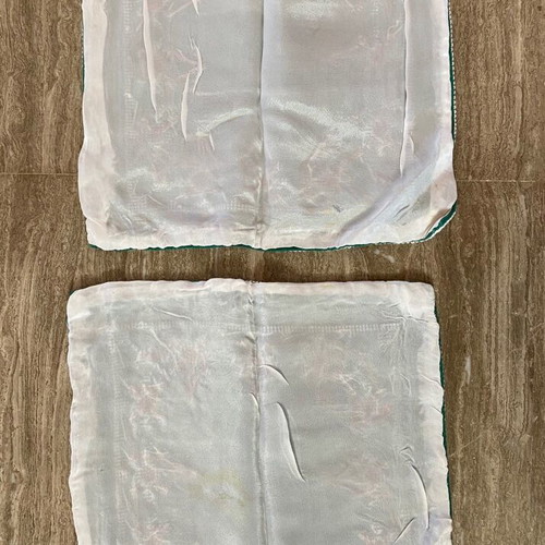 Vintage embroidery set used, green canvas square with three napkins