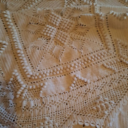 Handmade double bed blanket with two pillowcases, white crochet