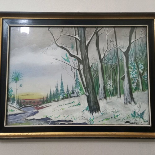 Framed painting with snowy landscape and gilded frame, like new