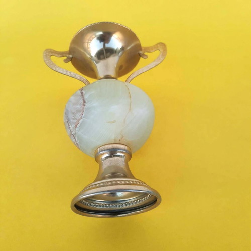 Vintage Amphora Vase made of Natural White Onyx and Brass, like new
