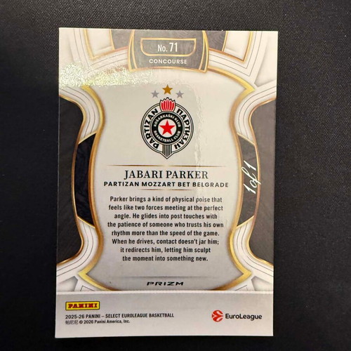 2025-26 Panini Select Euroleague Jabari Parker Concourse Snake Skin 1/1 card