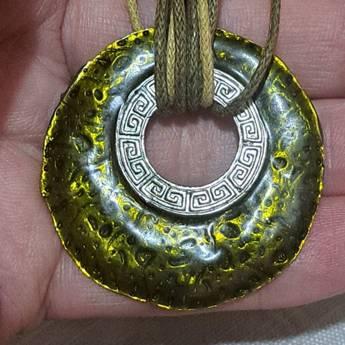 Boho necklace with metallic motif used, green and silver