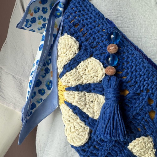 Handmade crochet shoulder bag crossbody blue with flower design