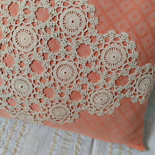Woven pillow with handmade knitted details like new, cotton