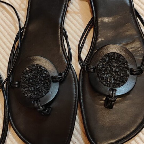 Flat sandals black lace-up with boho decorative design, like new