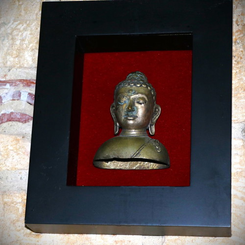 Bronze Buddha Bust in Wooden Black Frame new