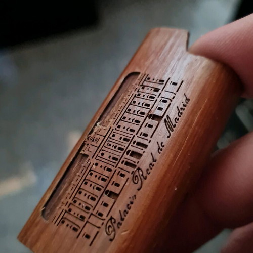 Wooden lighter case used with carved embossed Royal Palace of Madrid design
