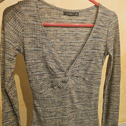 Bershka beige checkered long sleeve blouse, medium
