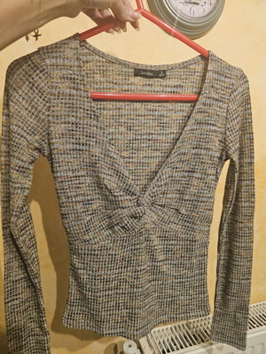 Bershka beige checkered long sleeve blouse, medium