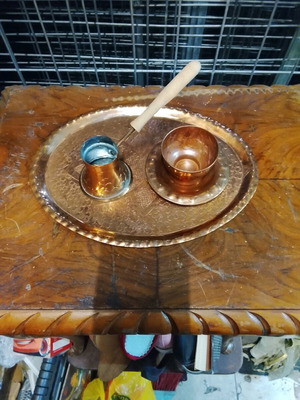 Bronze tray with briki and cup with saucer like new