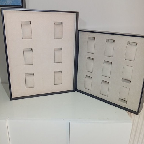 Luxury watch organizers set of 2, navy blue wood and beige suede