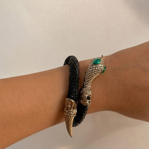 Black Snake Wrap Bracelet with Green Crystal Eyes, Vintage