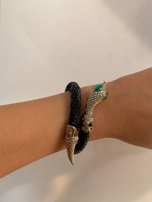 Black Snake Wrap Bracelet with Green Crystal Eyes, Vintage
