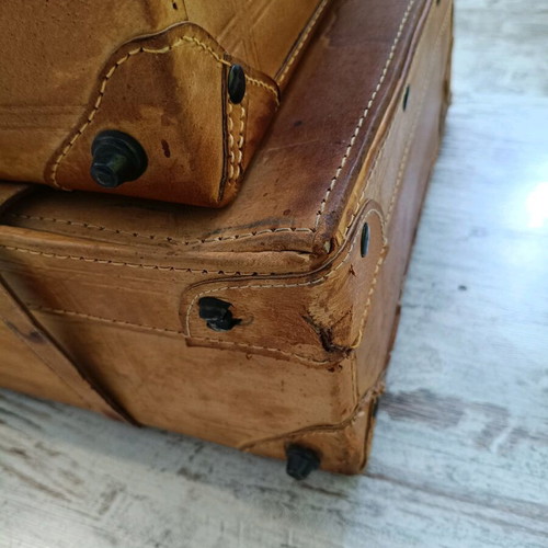 Vintage table with suitcases and round safety glass like new