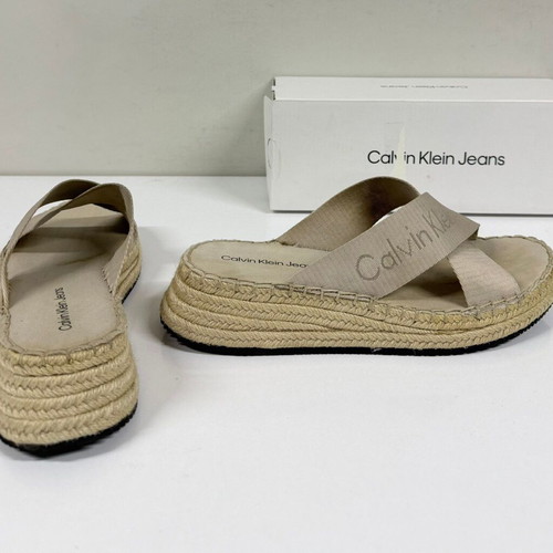 Calvin Klein Jeans Sporty Wedge Rope Sandal used, size 40, beige and gray