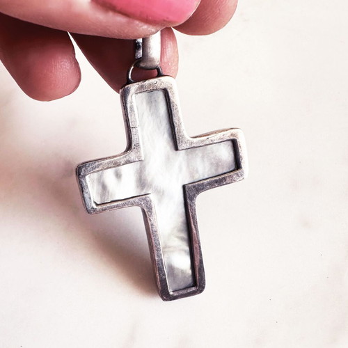 Vintage silver cross and lava stone earrings set with mother of pearl