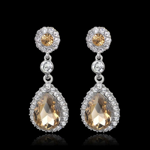 Earrings with champagne crystals new, quartz, silver-plated metal