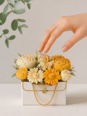 Bag candle with gold chain decorated with aromatic soy wax flowers