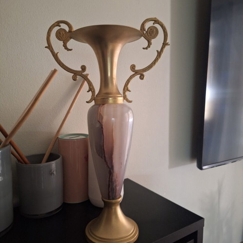 Brass candlestick 33cm with onyx body, Pakistan