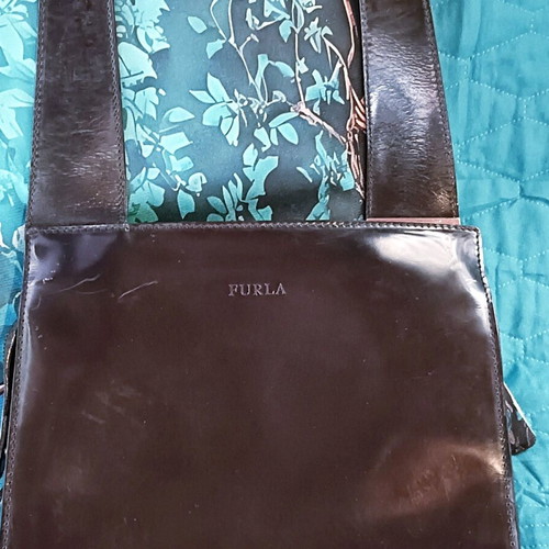 Furla black glossy leather shoulder bag, vintage