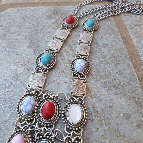 Boho long necklace silver with multicolor cabochons like new