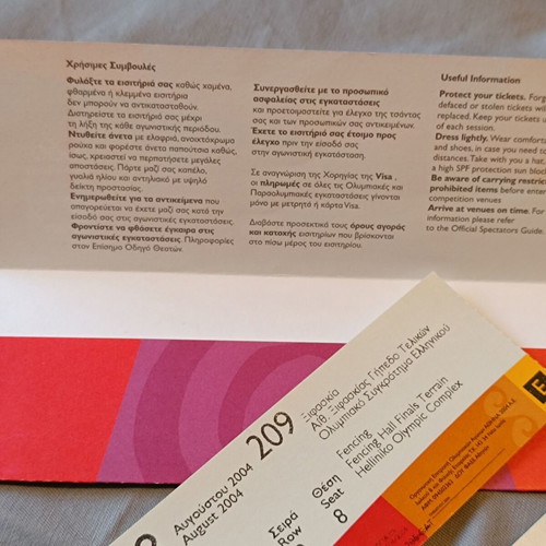 Athens 2004 Olympic tickets used, athletics and fencing with case