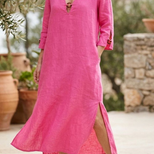 Zara linen dress caftan midi maxi with tortoise detail XL new