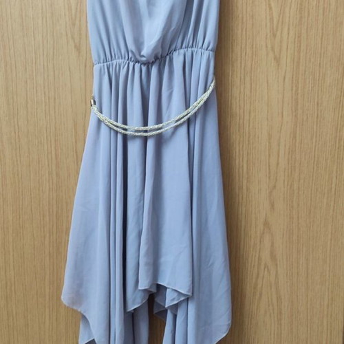 Gray asymmetrical dress like new, ancient Greek style with gold belt