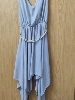 Gray asymmetrical dress like new, ancient Greek style with gold belt