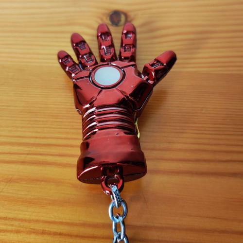 Iron Man 3D metal keychain, gold and red gauntlet, Marvel Avengers collectible