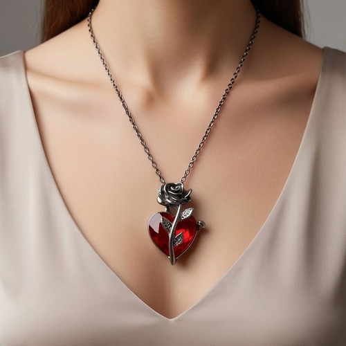 Steel necklace with red heart and rose, new