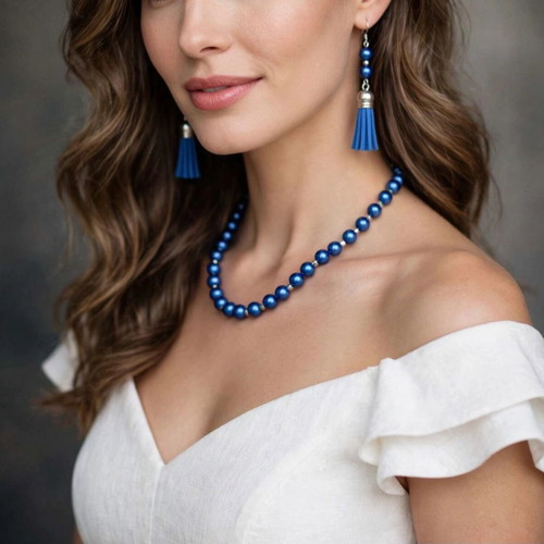 Handmade beaded blue summer necklace and earrings set new