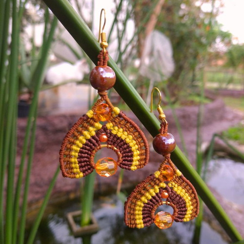 Oleander earrings with macrame art, beads, handmade, new
