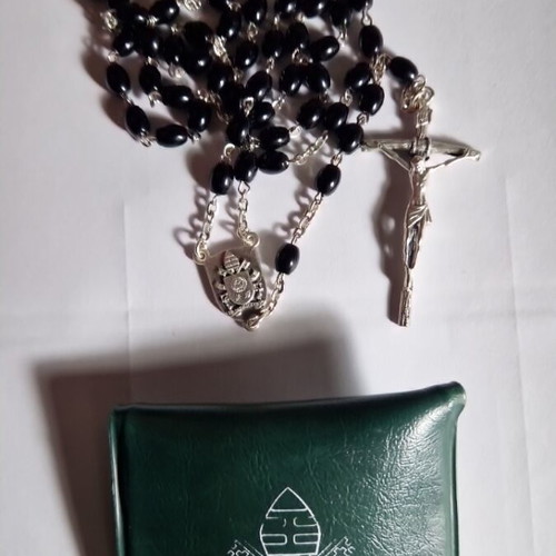 Pastoral Cross Rosary Set with Vatican Pouch, New, Black Italian-Made