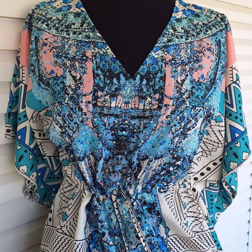 Long Viscose Kaftan with Rhinestones and Batwing Sleeves new