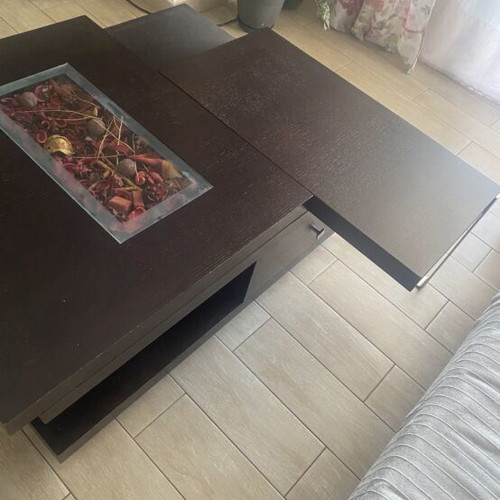 Coffee table wenge color, oak, used, with sliding top and drawers