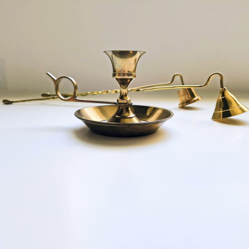 Brass candlestick set and 2 candle snuffers like new