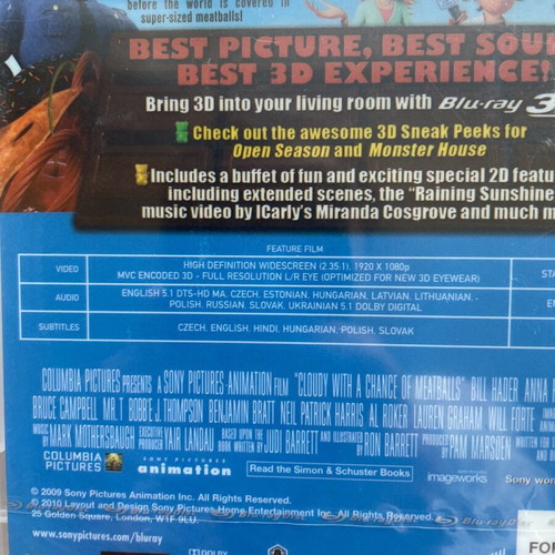 Blu-ray 3D Cloudy with a Chance of Meatballs new sealed box