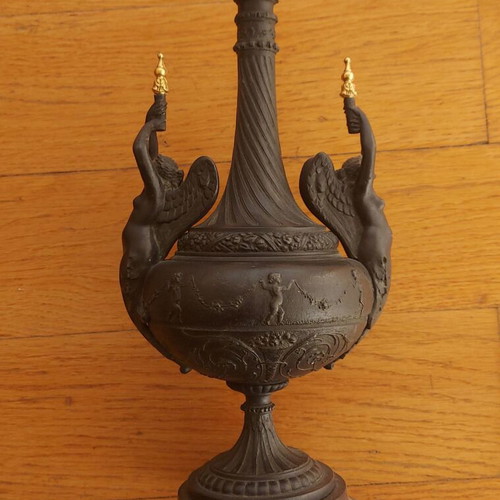 Ancient Greek hydria Empire style used with granite base and winged torchbearers