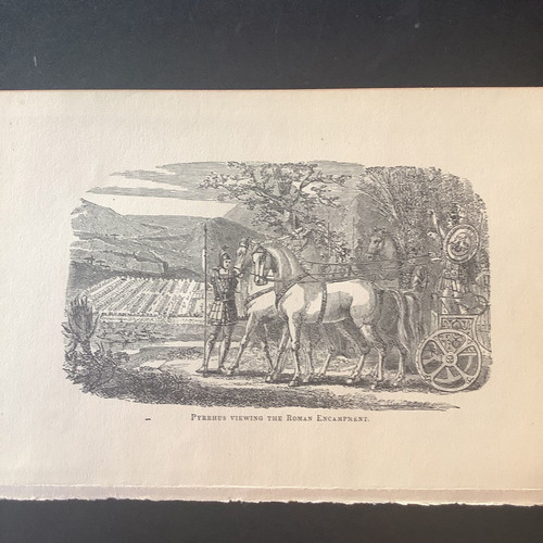 Pyrrhus King of Epirus Viewing Roman Encampment woodcut used, 1870