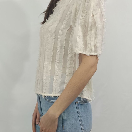 Zara semi-sheer short-sleeved top with fringes in beige, like new
