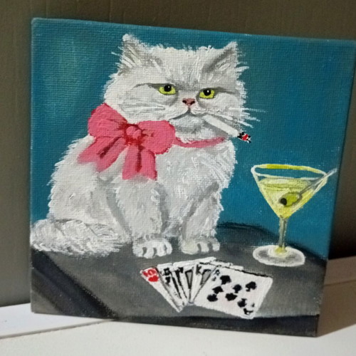 Handmade cat painting on canvas with playing cards and smoking