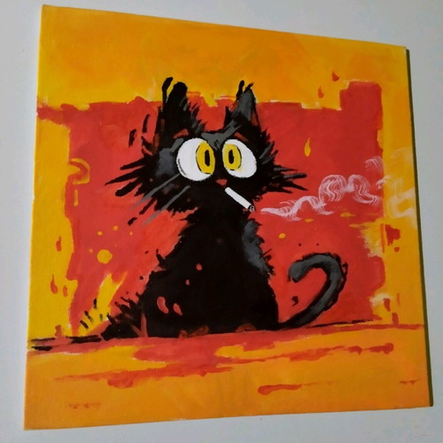 Canvas painting with cat motif new, acrylic 20×20 cm