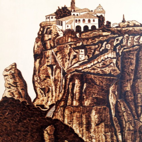 Meteora Moni Ag. Triados pyrography painting new on poplar wood