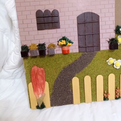 Handmade canvas painting 40x40 with house and garden