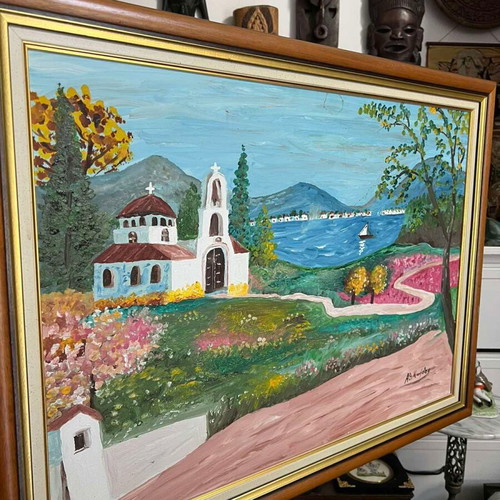Painting on Island with Chapel like new, framed art