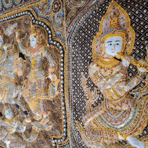 Vintage Burmese Kalaga Tapestry 92x137cm embroidered wall hanging used